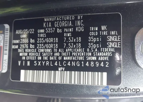 2022 Kia Sorento S from USA, damaged, VIN 5XYRL4LC4NG148942